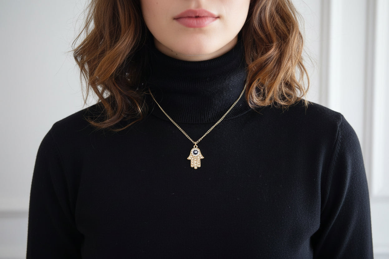 Gold Hamsa Hand Evil Eye Necklace
