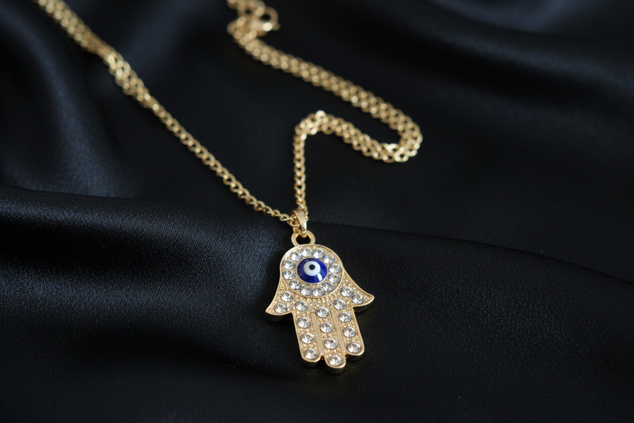 Gold Hamsa Hand Evil Eye Necklace