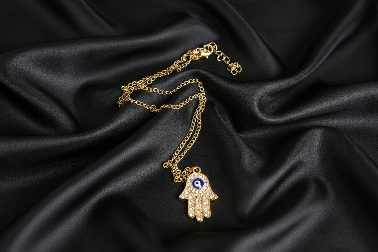 Gold Hamsa Hand Evil Eye Necklace