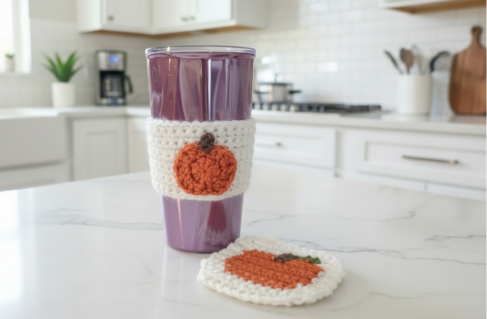 Pumpkin Coffee Cup Cozy and Coaster Set