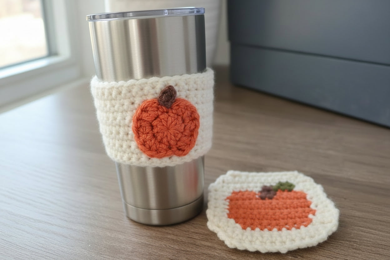 Pumpkin Coffee Cup Cozy and Coaster Set