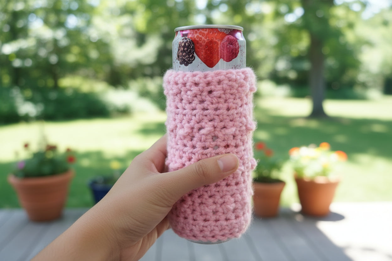 Pink Crochet Beverage Holder