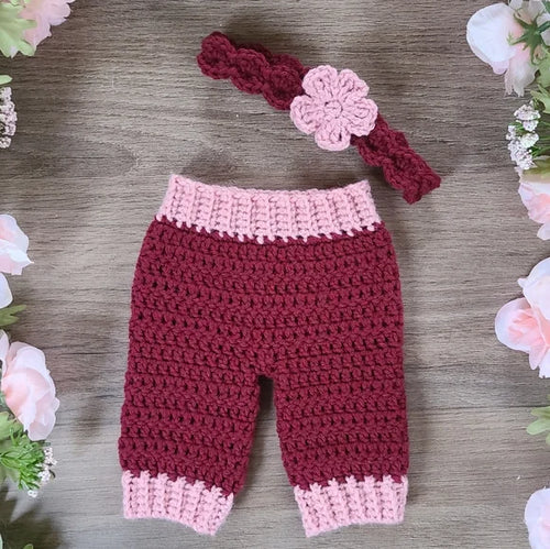 Burgundy And Pink Newborn Crochet Baby Outfit