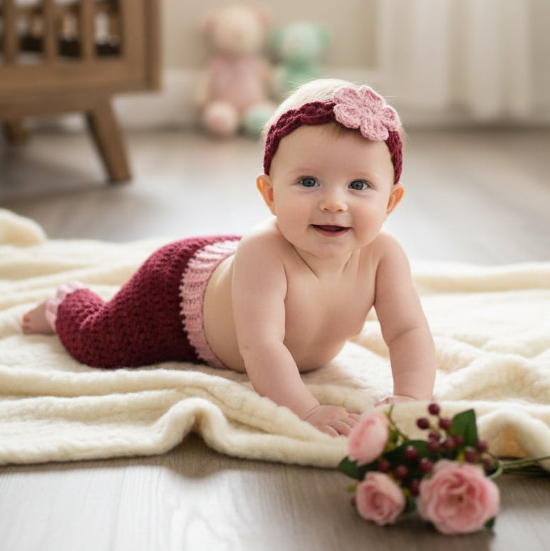 Burgundy And Pink Newborn Crochet Baby Outfit