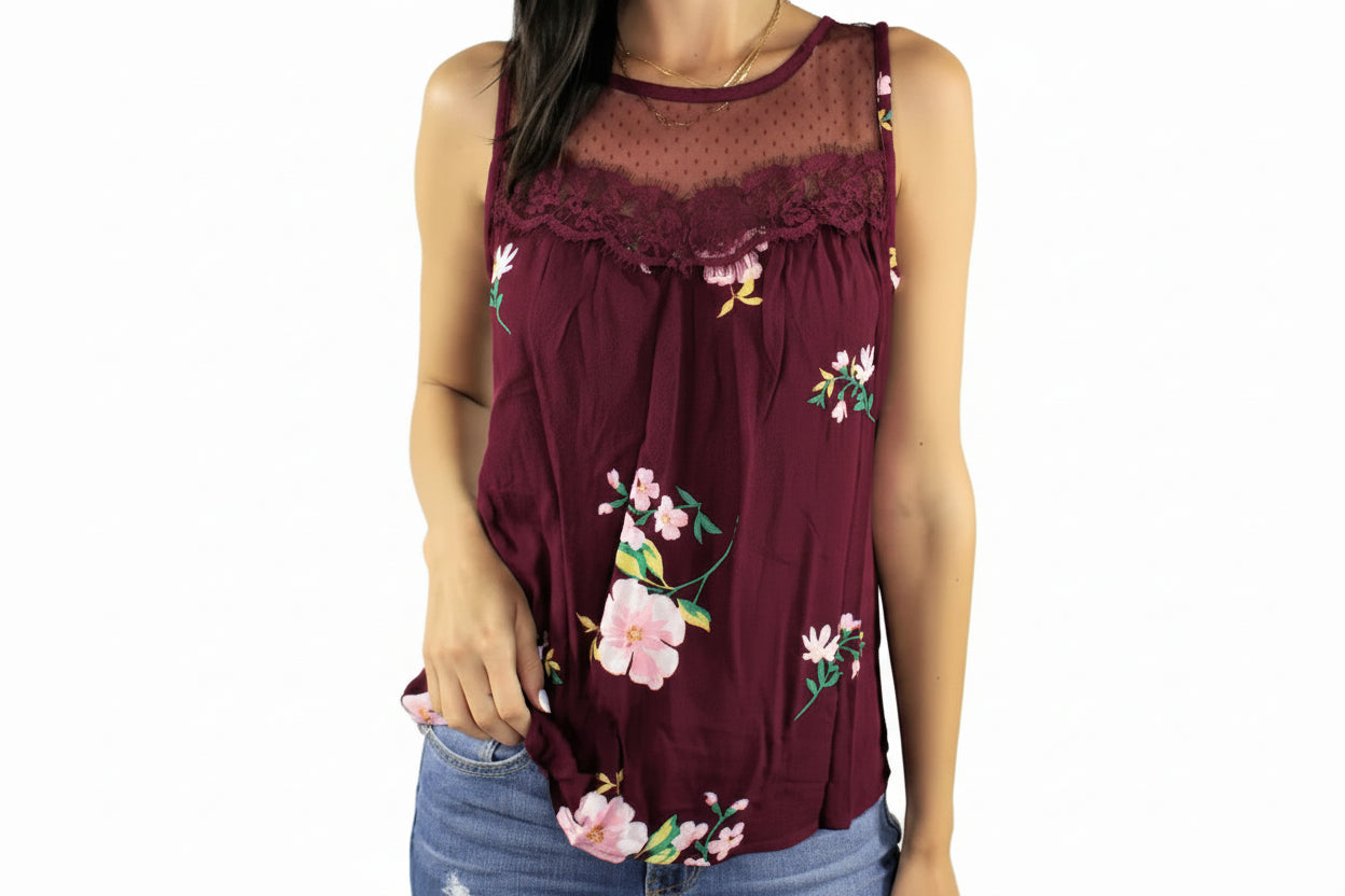 Sleeveless Floral Blouse with Lace Details