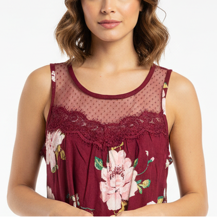 Sleeveless Floral Blouse with Lace Details