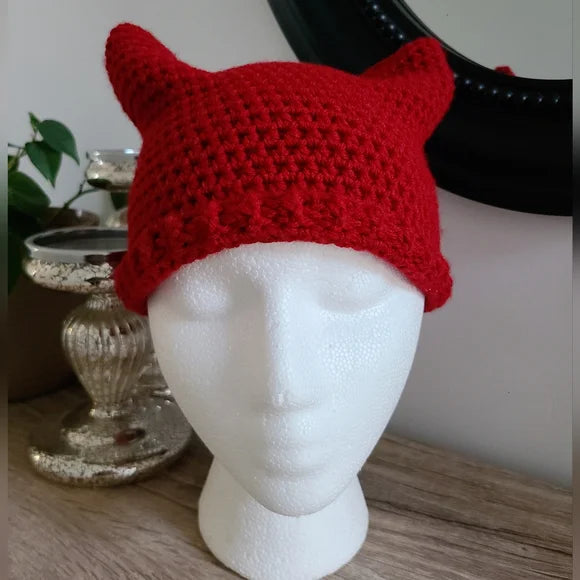 Women Burgundy Kitty Cat Beanie