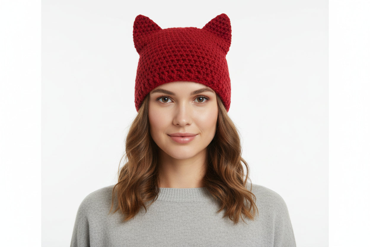 Women Burgundy Kitty Cat Beanie