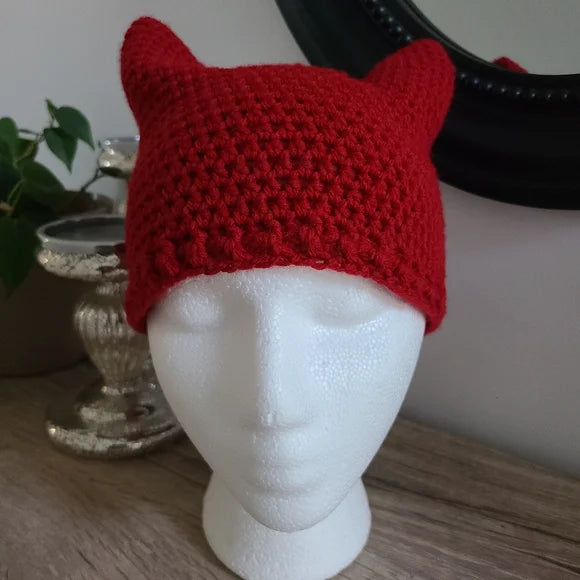 Women Burgundy Kitty Cat Beanie