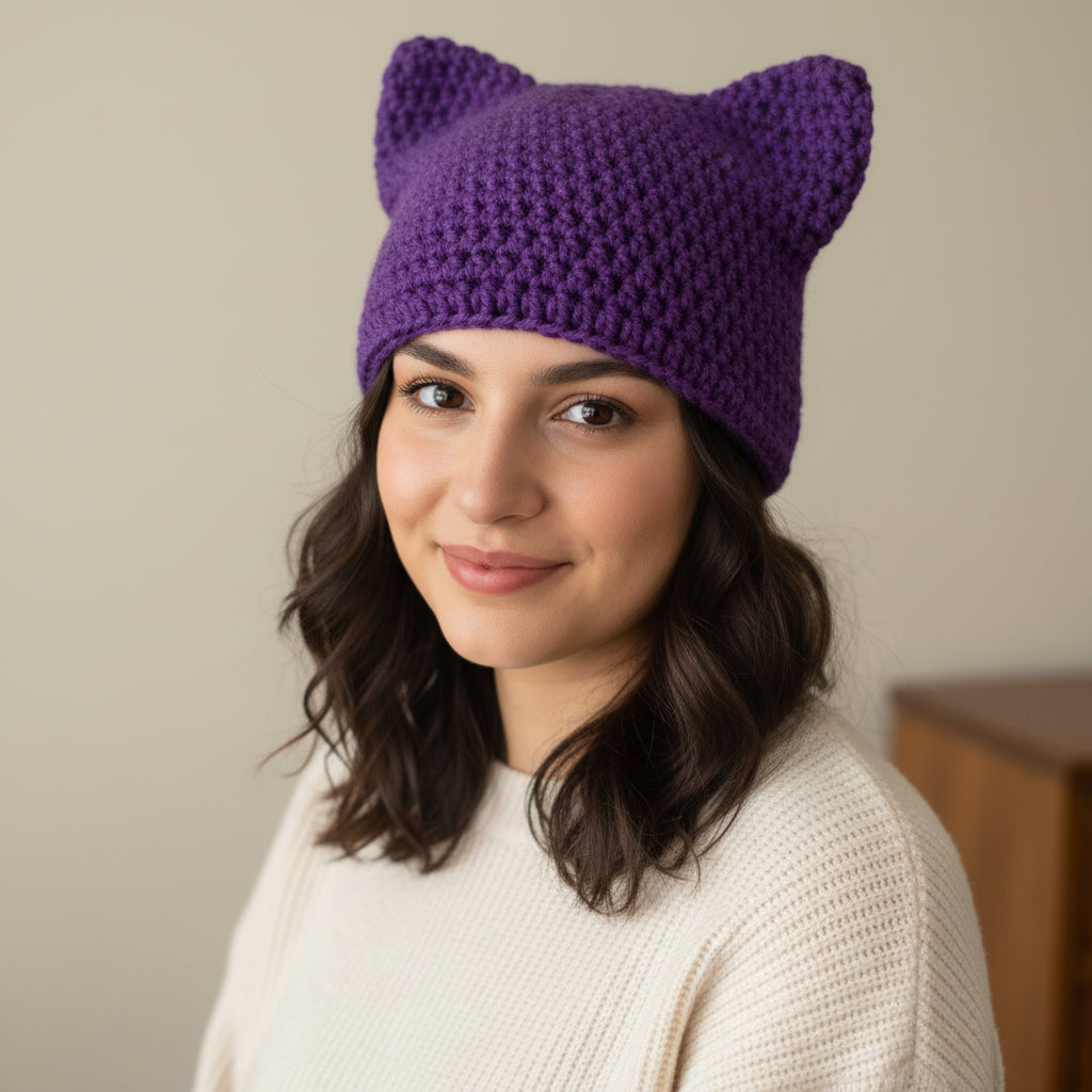 Purple Cat Ears Crochet Beanie